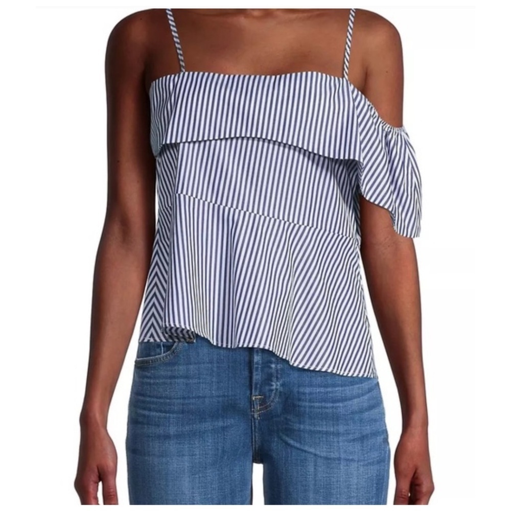 Harshman Sleeveless Ruffle Maia Blouse Top Nautical Coastal Navy White Stripe XS - Picture 4 of 14